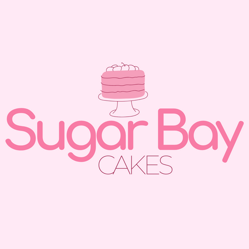 Logo of Sugar Bay Cakes with a pink cake illustration on a light pink background